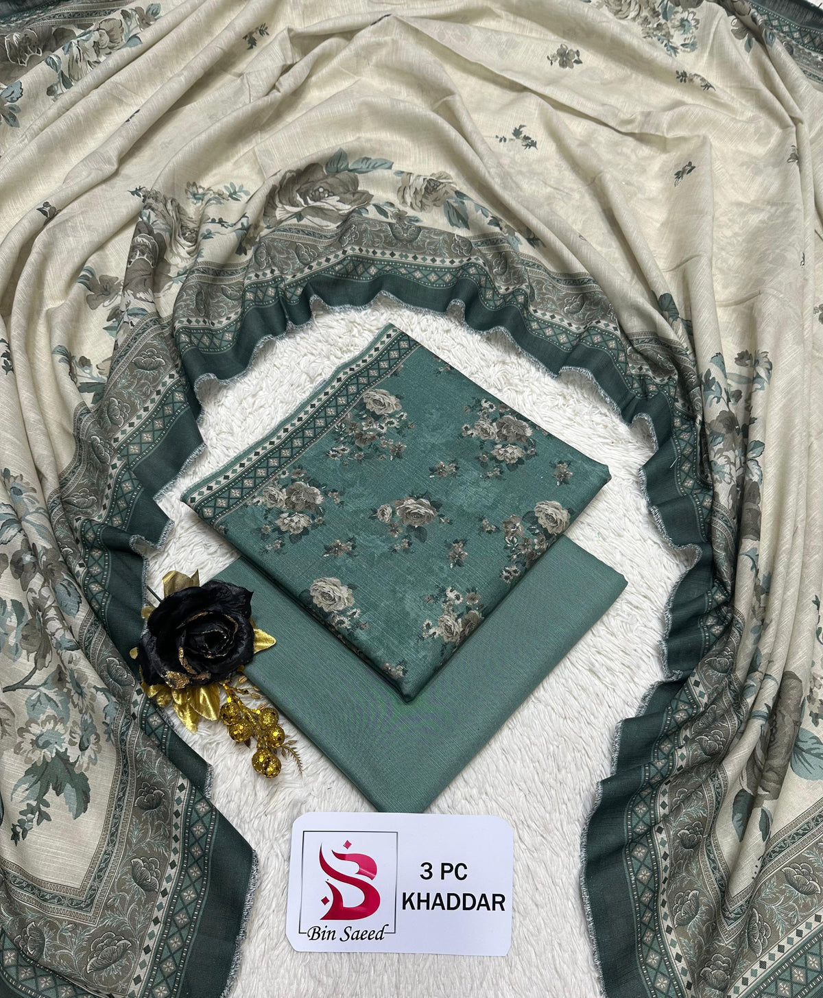 Bin Saeed 3-Piece Khaddar Suit — Sea Green Floral