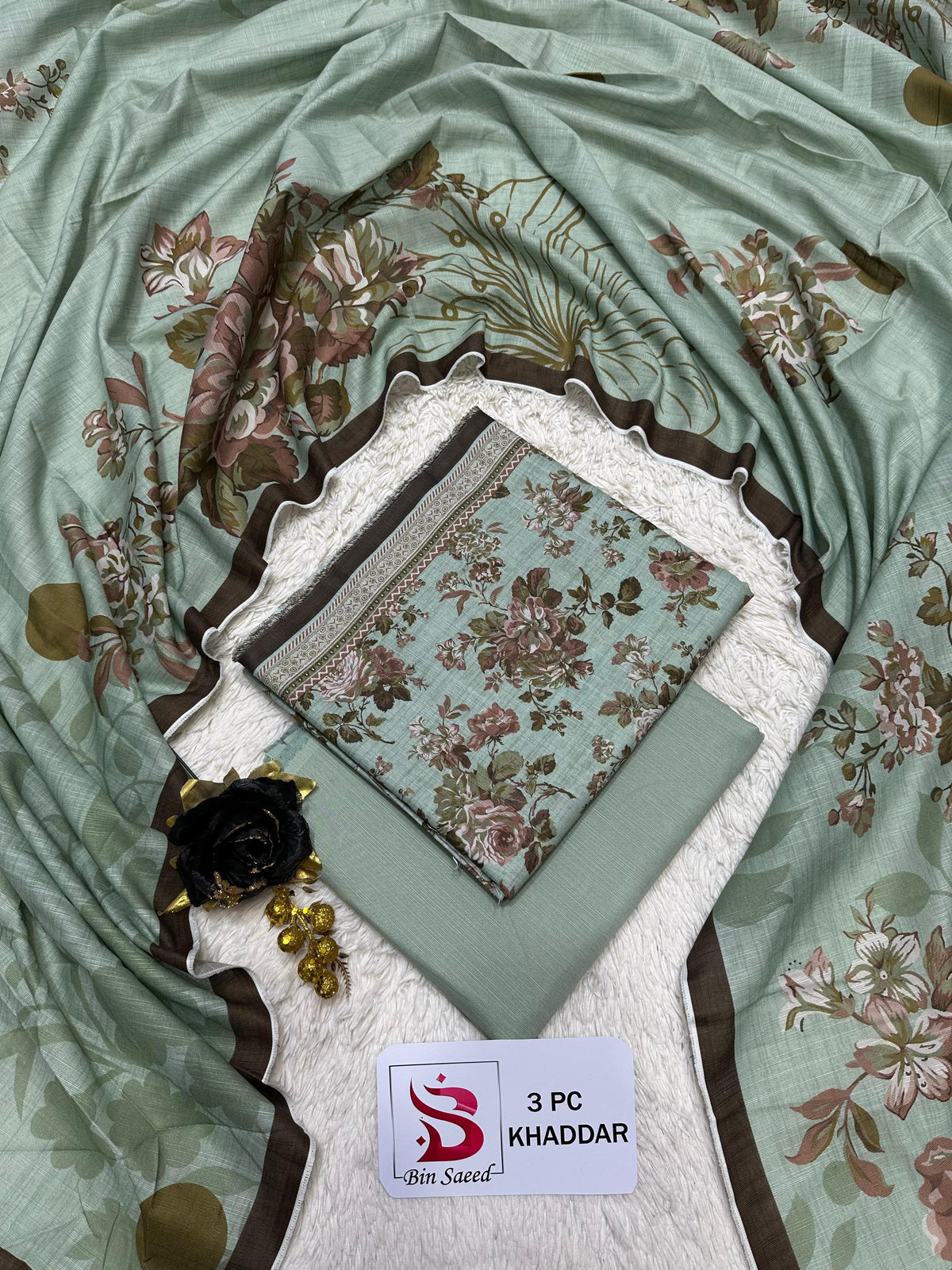 Bin Saeed 3-Piece Printed Khaddar Suit — Sage Green Floral