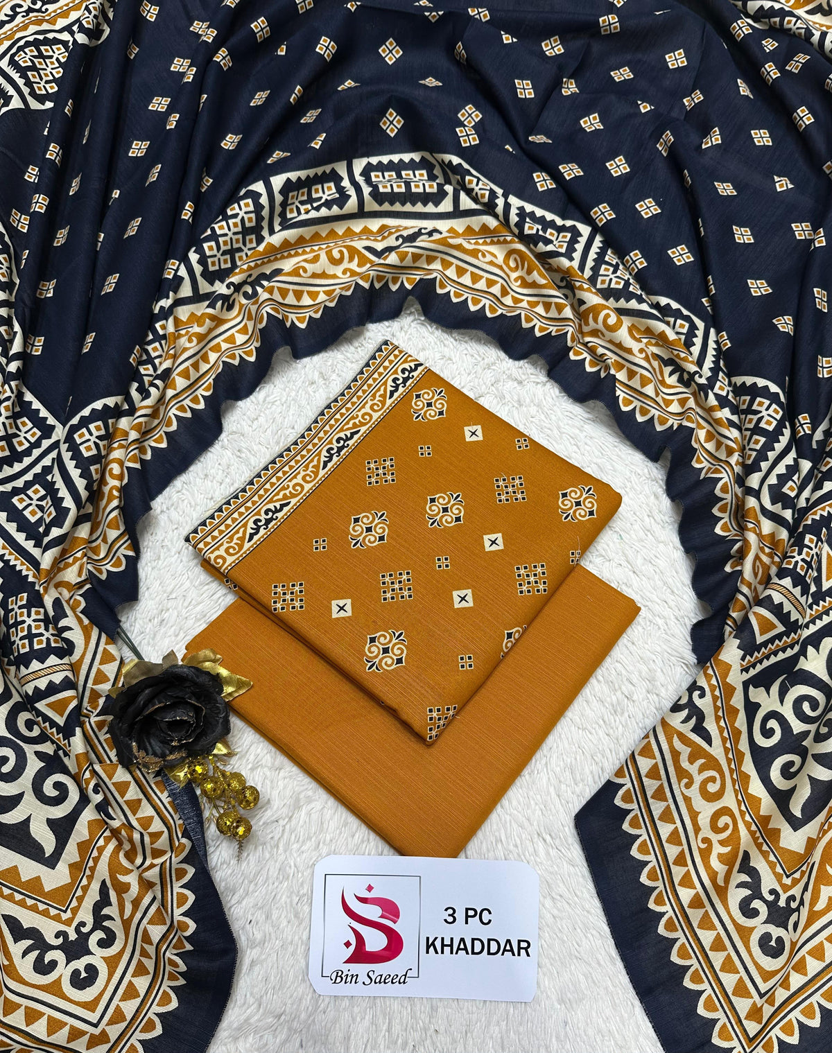 Bin Saeed 3-Piece Khaddar Suit β Navy & Mustard