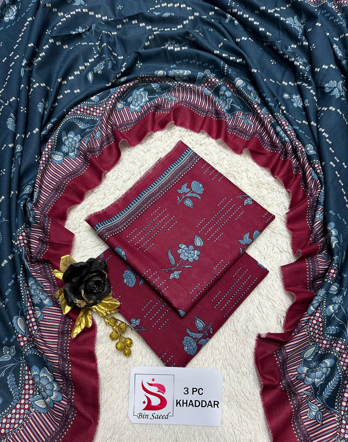 Bin Saeed 3-Piece Khaddar Suit — Navy & Maroon Floral