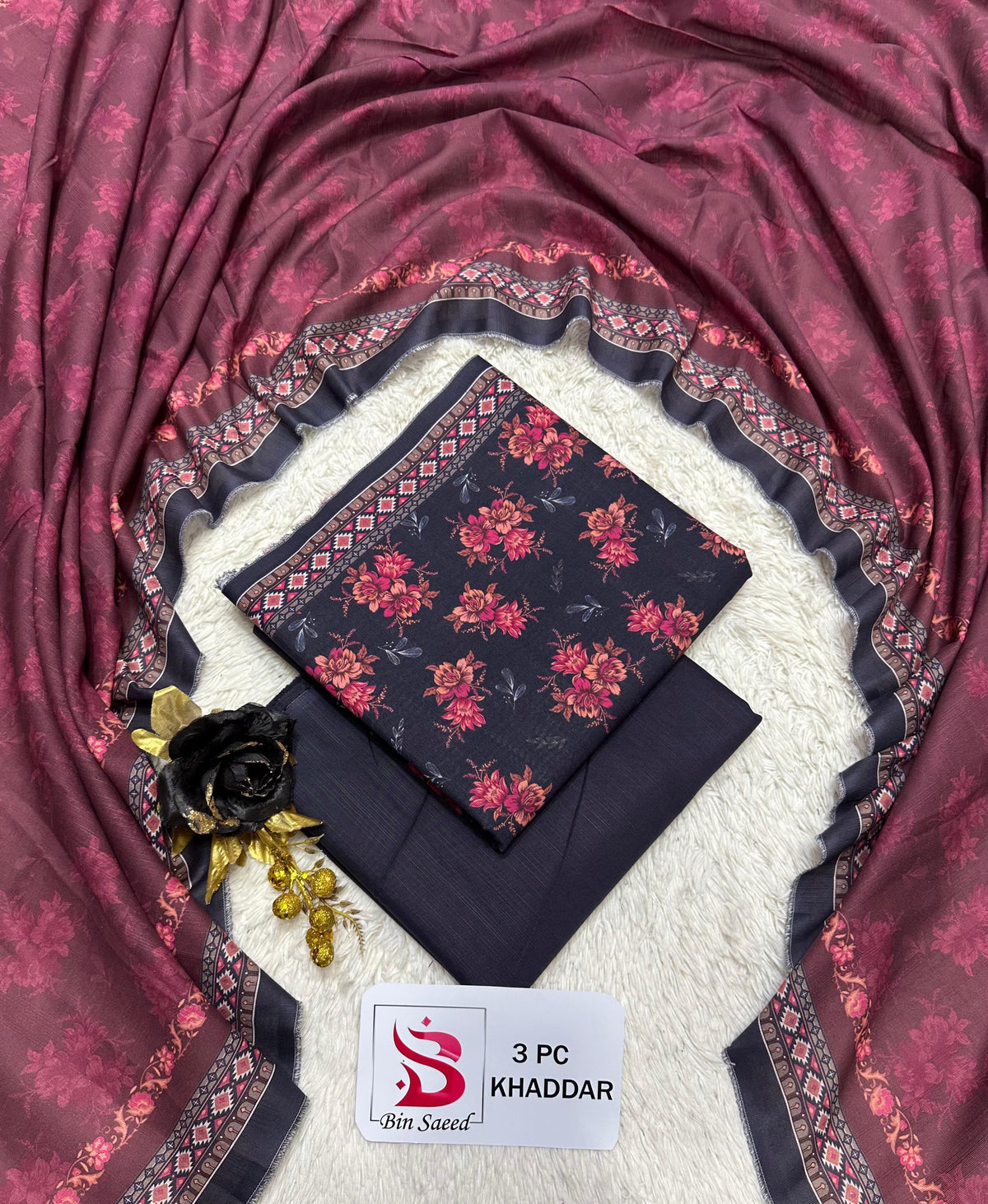 Bin Saeed 3-Piece Printed Khaddar Suit β Plum & Navy Floral