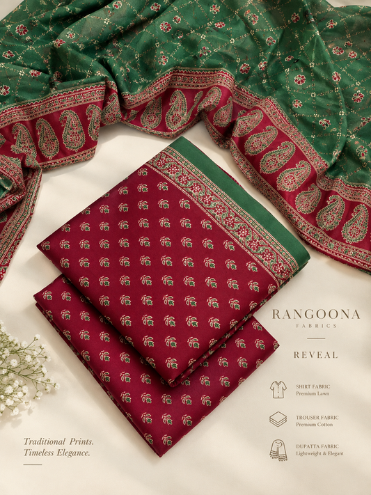 Rangoona Fabrics — Emerald & Maroon Printed 3-Piece Suit