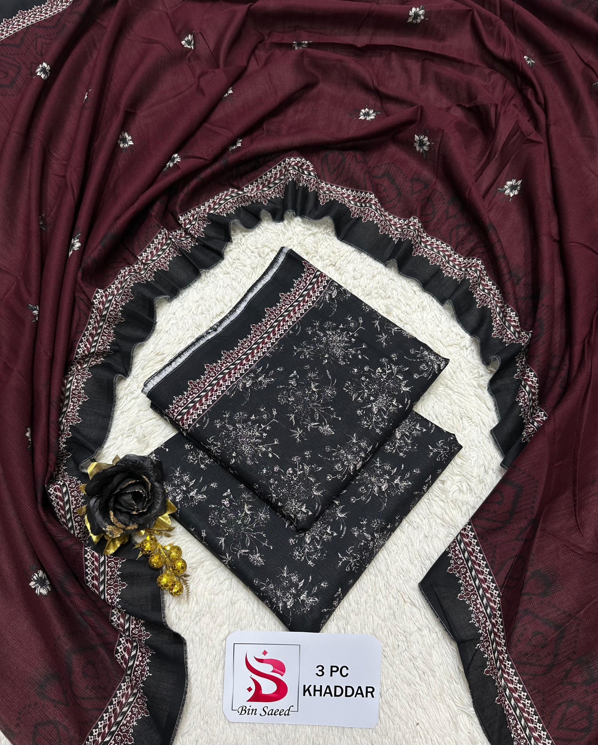 Bin Saeed 3-Piece Printed Khaddar Suit — Maroon & Black Floral