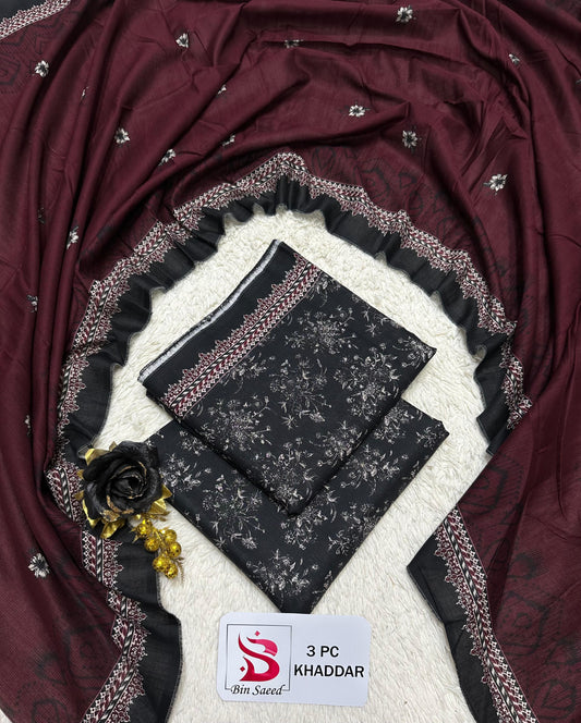 Bin Saeed 3-Piece Printed Khaddar Suit — Maroon & Black Floral