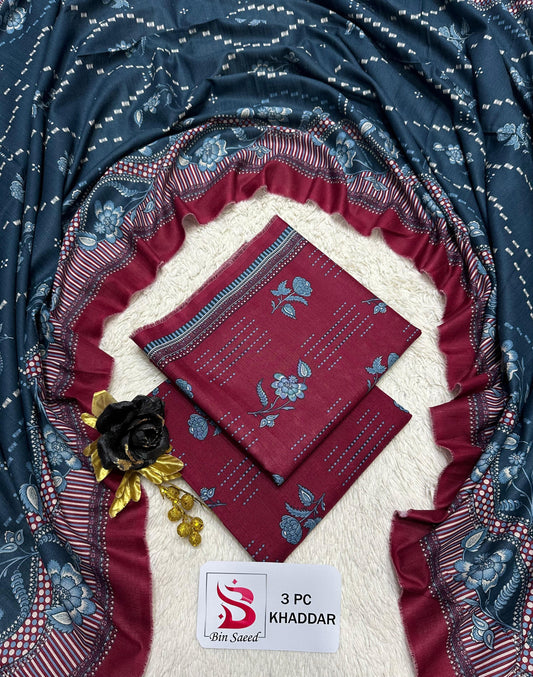 Bin Saeed 3-Piece Khaddar Suit — Navy & Maroon Floral
