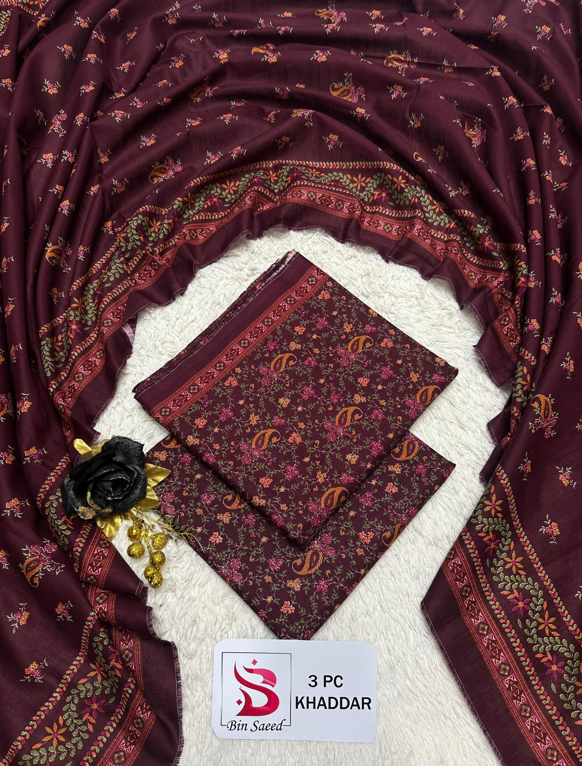 Bin Saeed 3-Piece Printed Khaddar Suit — Burgundy Floral & Paisley