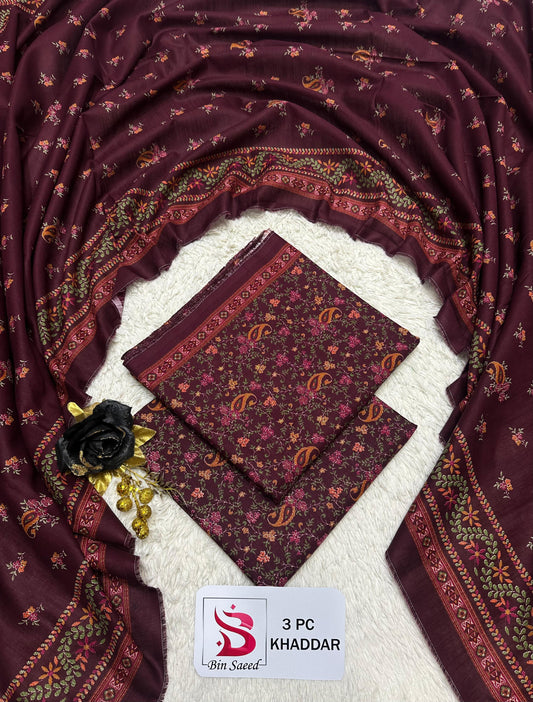 Bin Saeed 3-Piece Printed Khaddar Suit — Burgundy Floral & Paisley